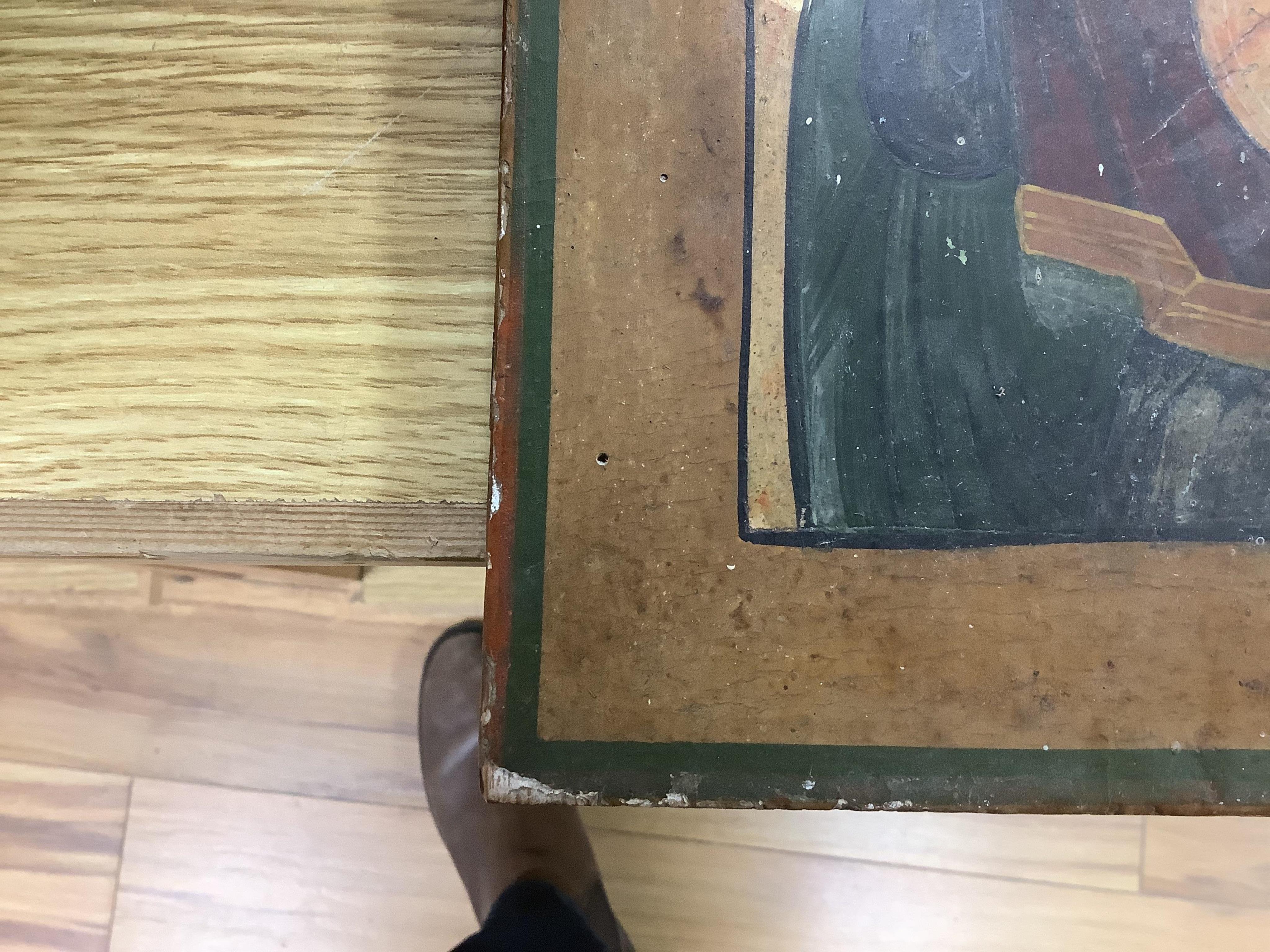 A 19th century Greek painted wood icon of Madonna and child, 31cm high